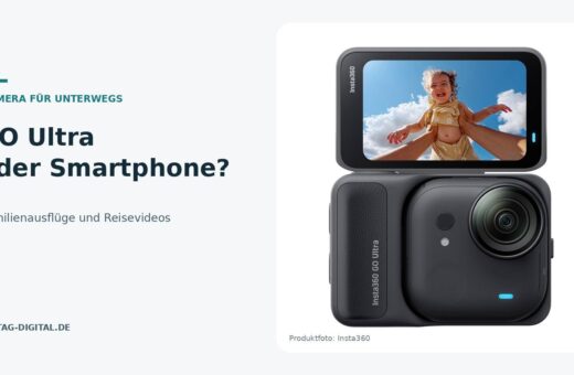 Insta360 GO Ultra mit geöffnetem Action Pod – Vergleich mit dem Smartphone